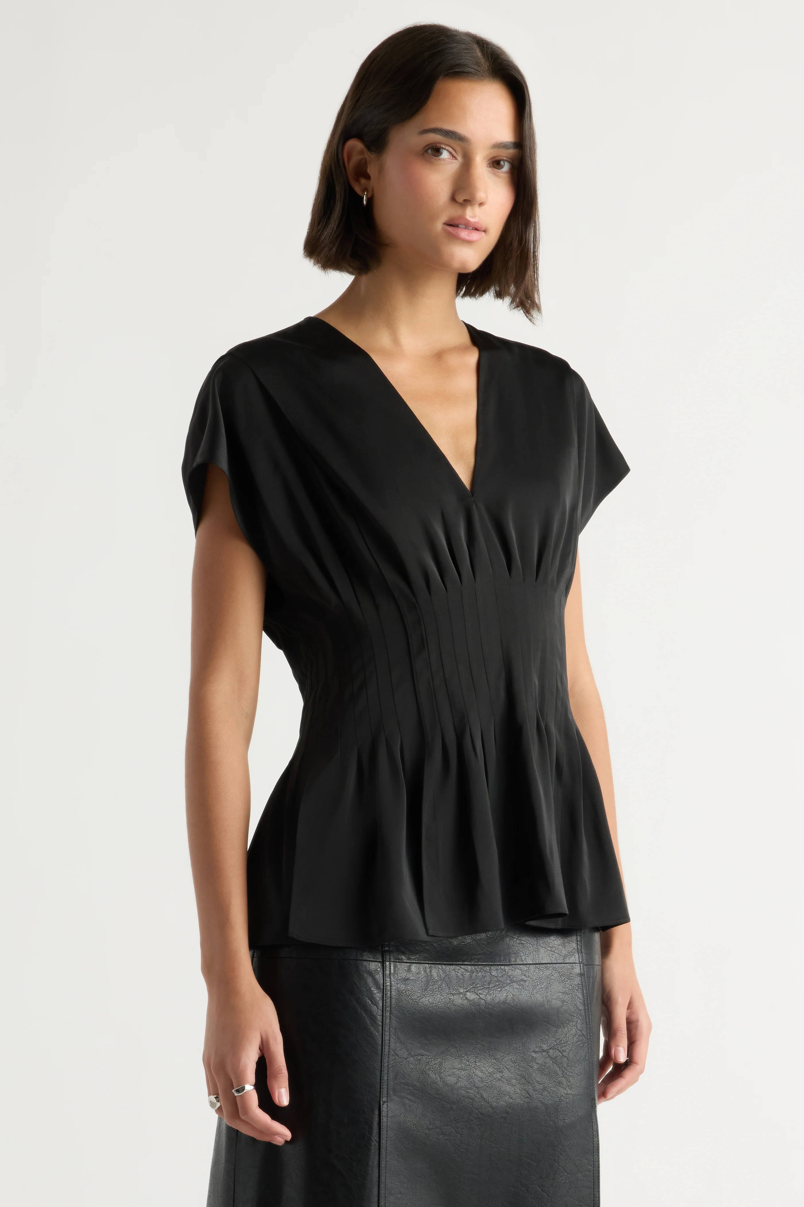 Sora Pleated Satin V-Neck Blouse