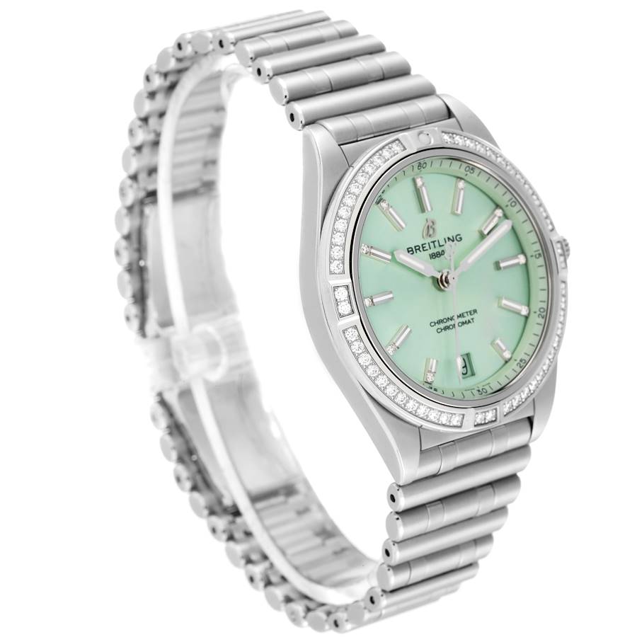 Breitling Chronomat Green Dial Steel Diamond Ladies Watch A10380