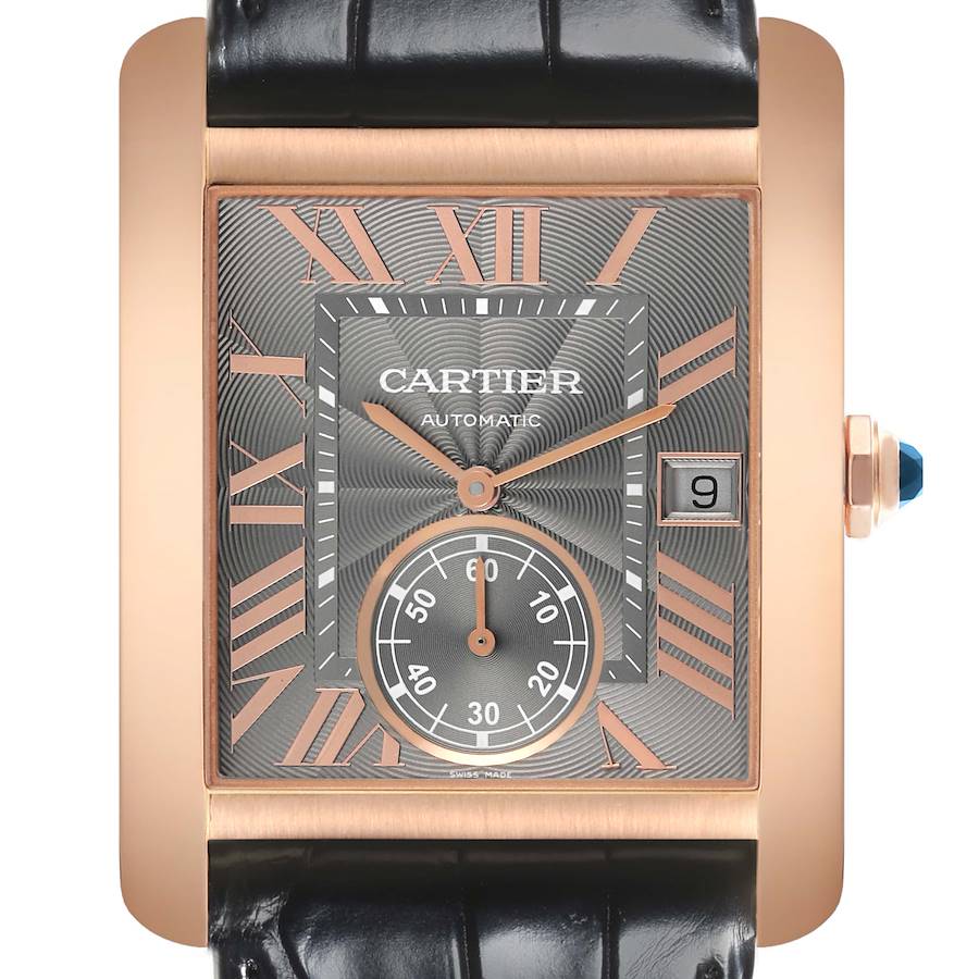 Cartier Tank MC Rose Gold Grey Dial Black Strap Mens Watch WGTA0014