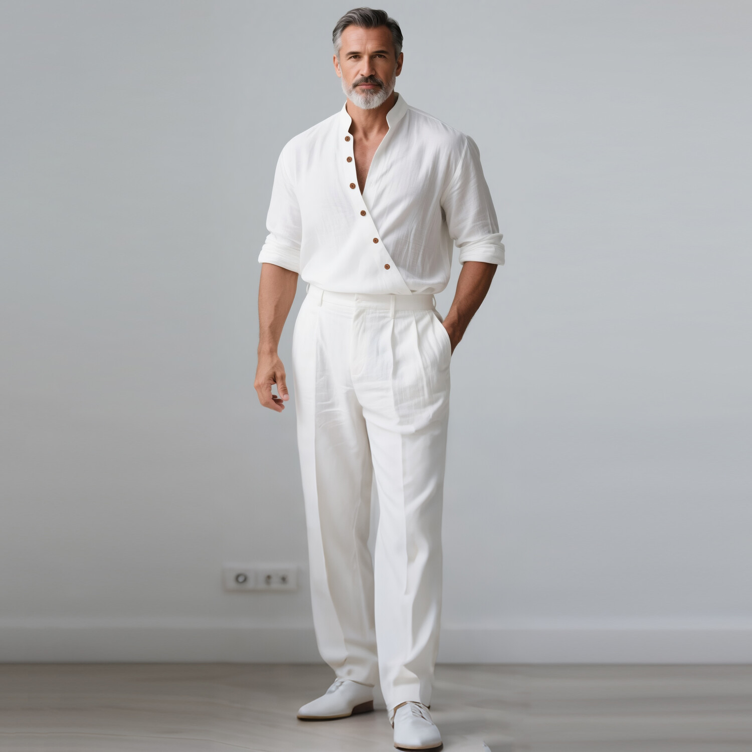 Men's Stand Collar Wrap Button Up Long Sleeve Shirt