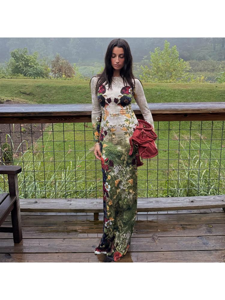 Floral Printed Bodycon Long Sleeve Maxi Dress