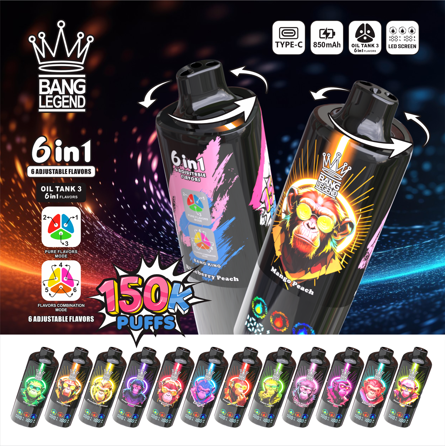 E-papieros Jednorazowy BANG LEGEND 150K (6 w 1) | Ekran LED | Dostawa 48h|Darmowa wysyłka
