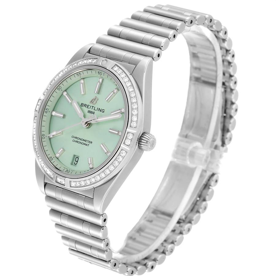 Breitling Chronomat Green Dial Steel Diamond Ladies Watch A10380