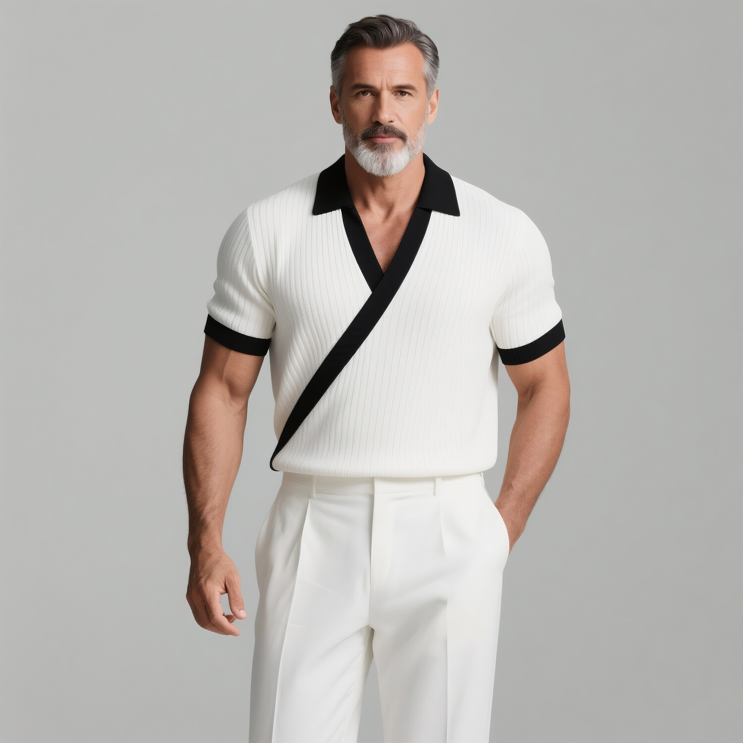 Men's Contrast Color Turndown Collar Wrap Short Sleeve Knit Shirt