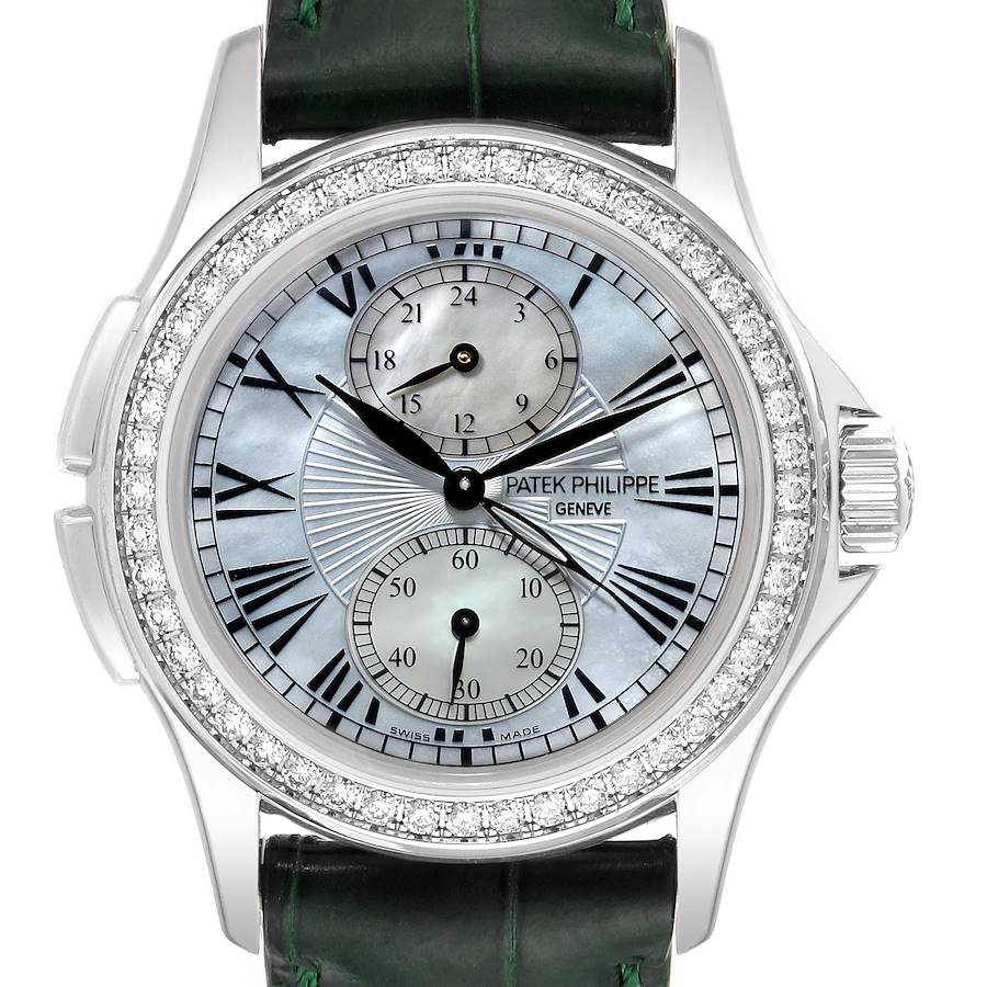 Patek Philippe Calatrava Travel Time White Gold Mother of Pearl Diamond Watch 4934 Papers
