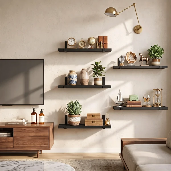 5 Pack Black Floating Shelves with Gold Brackets