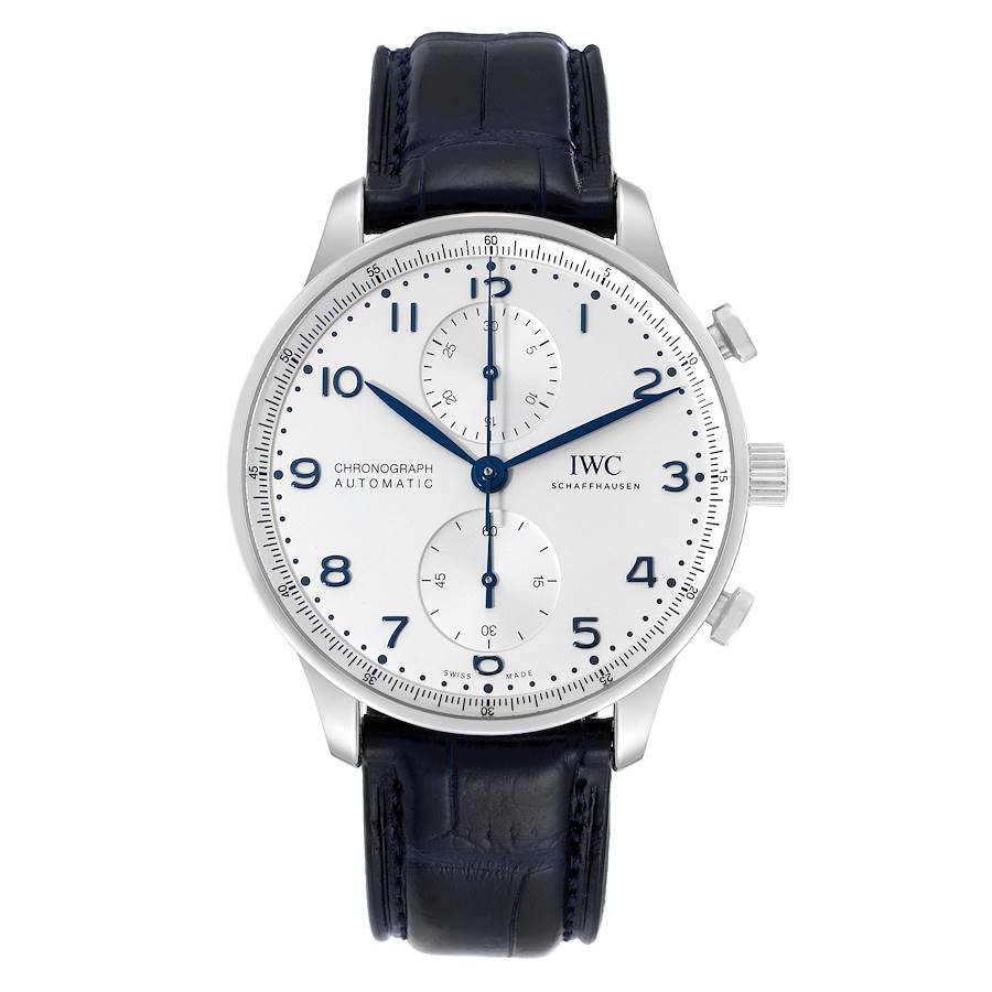 IWC Portugieser Chrono Silver Dial Blue Hands Steel Mens Watch IW371605
