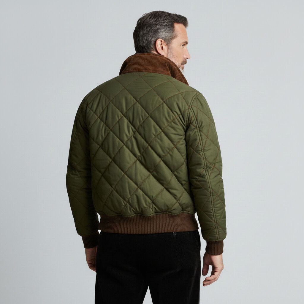 Men's Army Green Contrast Shirt Collar Long Sleeve Flap Pocket Zipper Quilted Jacket