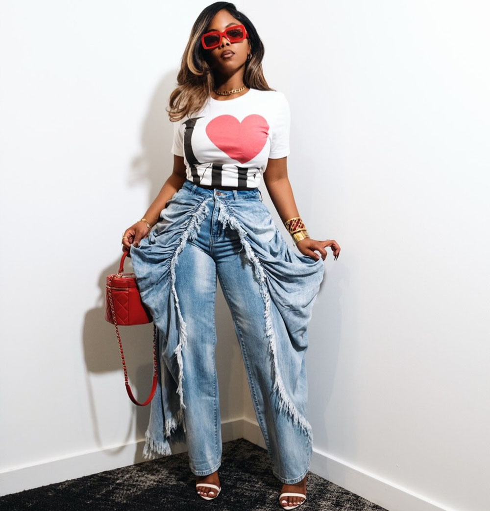 Plus Size Women Frayed Pleated Denim Wide-Leg Pants