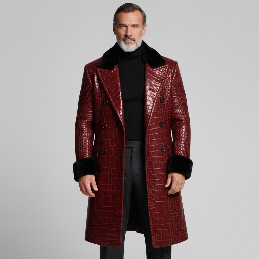 Men's Burgundy Crocodile PU Leather Plush Peak Lapel Double Breasted Long Sleeve Trench Coat