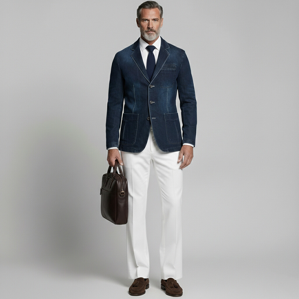 Men's Business Casual Denim Notched Lapel Single Breasted Pocket Long Sleeve Blazer