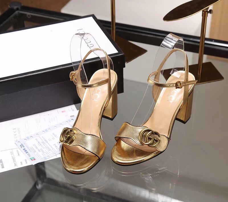 Gucci Gold Metallic Laminate Leather Mid Heel Sandal 453379