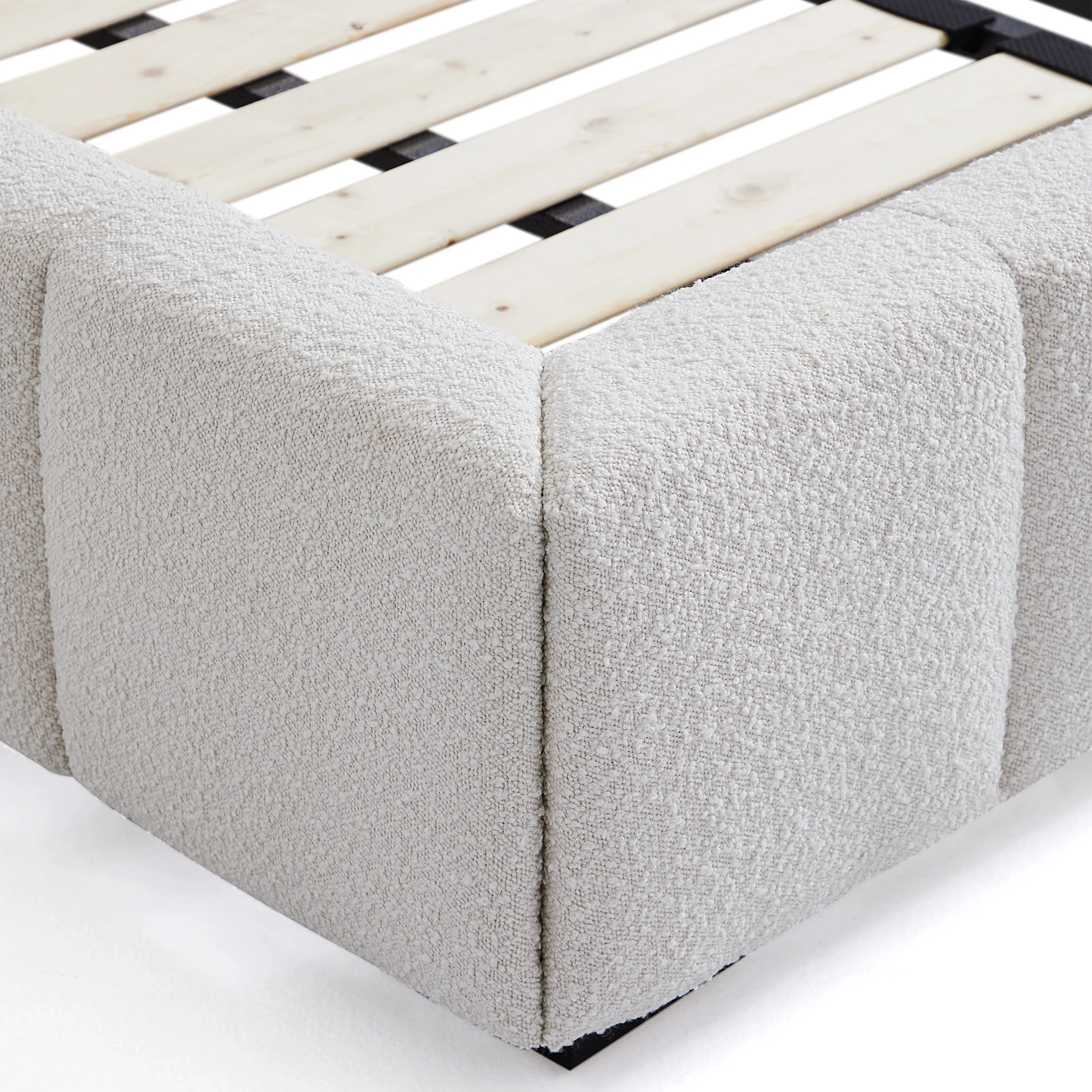 Cushy Boucle Fabric Bed – Contemporary Upholstered Platform Bed in Cream Bouclé with Padded Headboard
