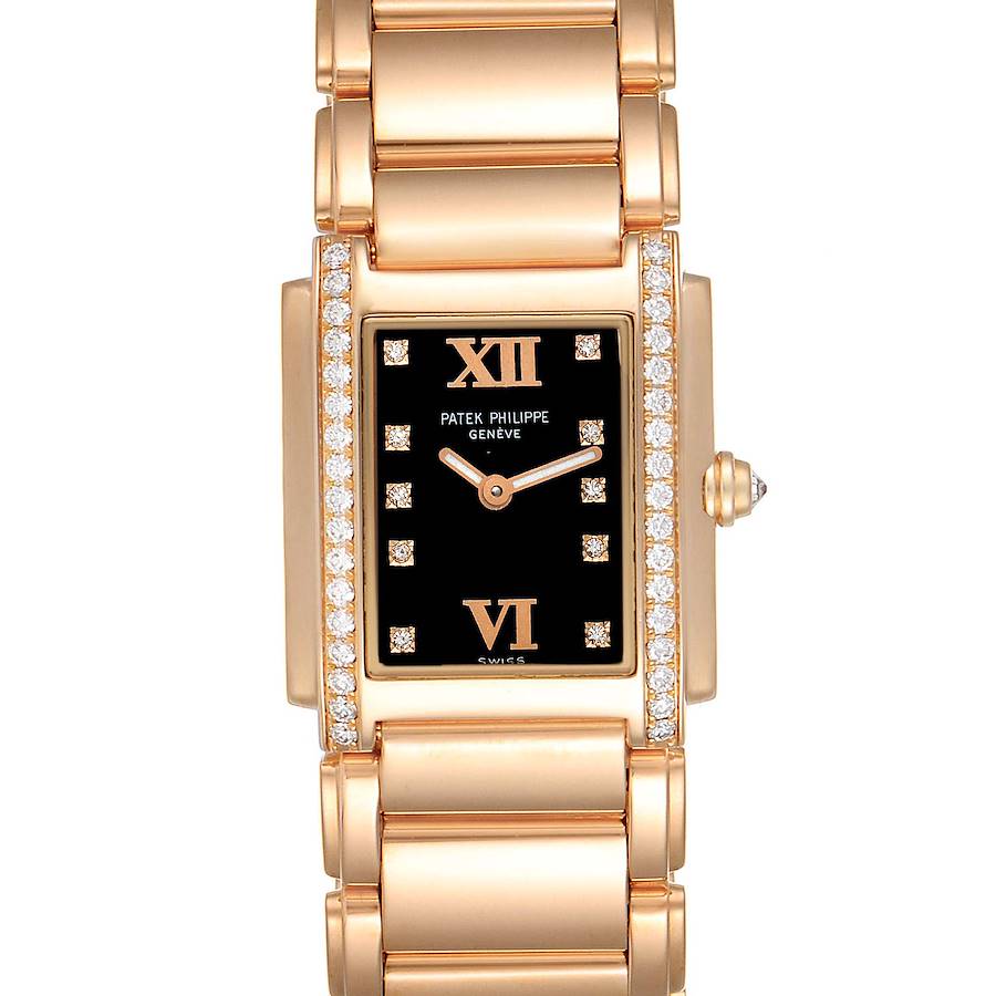 Patek Philippe Twenty-4 Rose Gold Black Dial Diamond Ladies Watch 4910 Papers