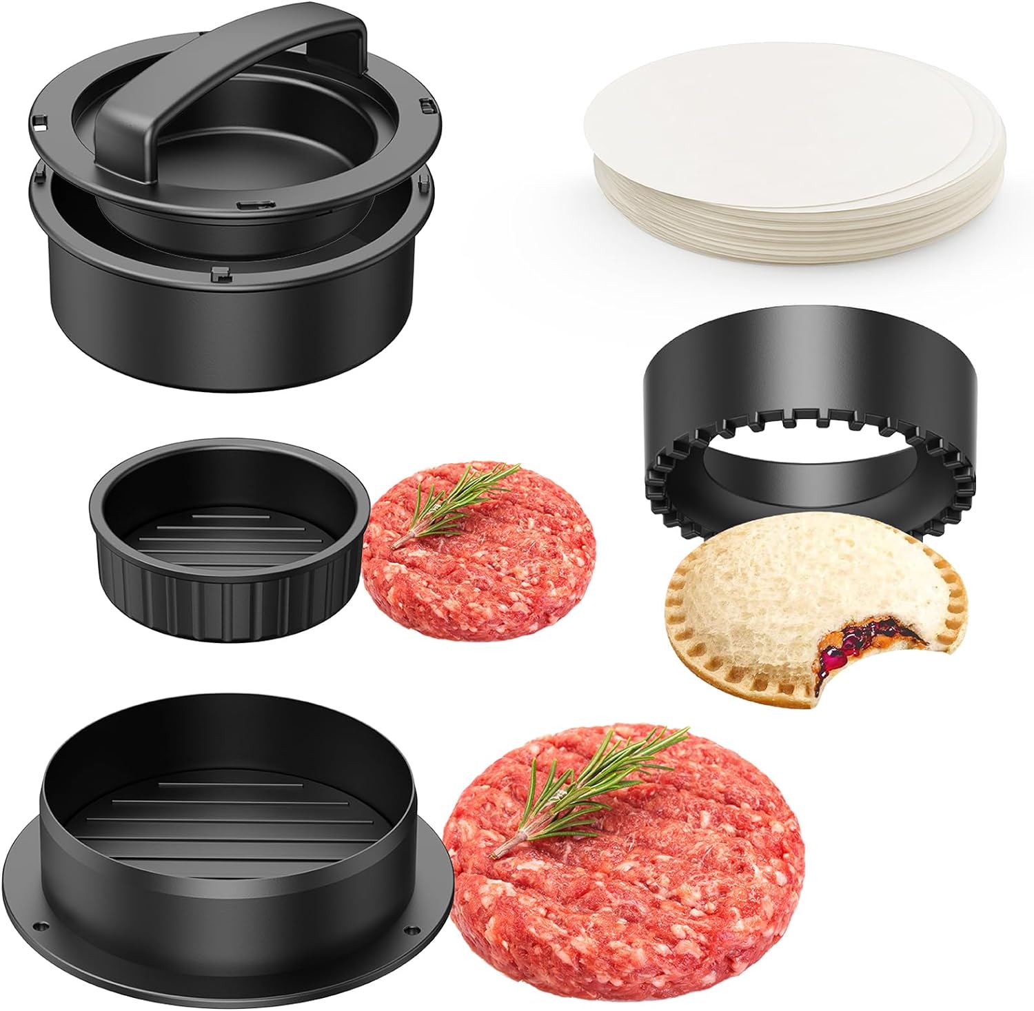 Hamburger Press, 4-in-1 Burger Press Patty Maker Slider, Stuffed Burgers Sandwich Cutter, Meat Beef Veggie Hamburger Patty Mold with 100 pcs Wax Disc Papers