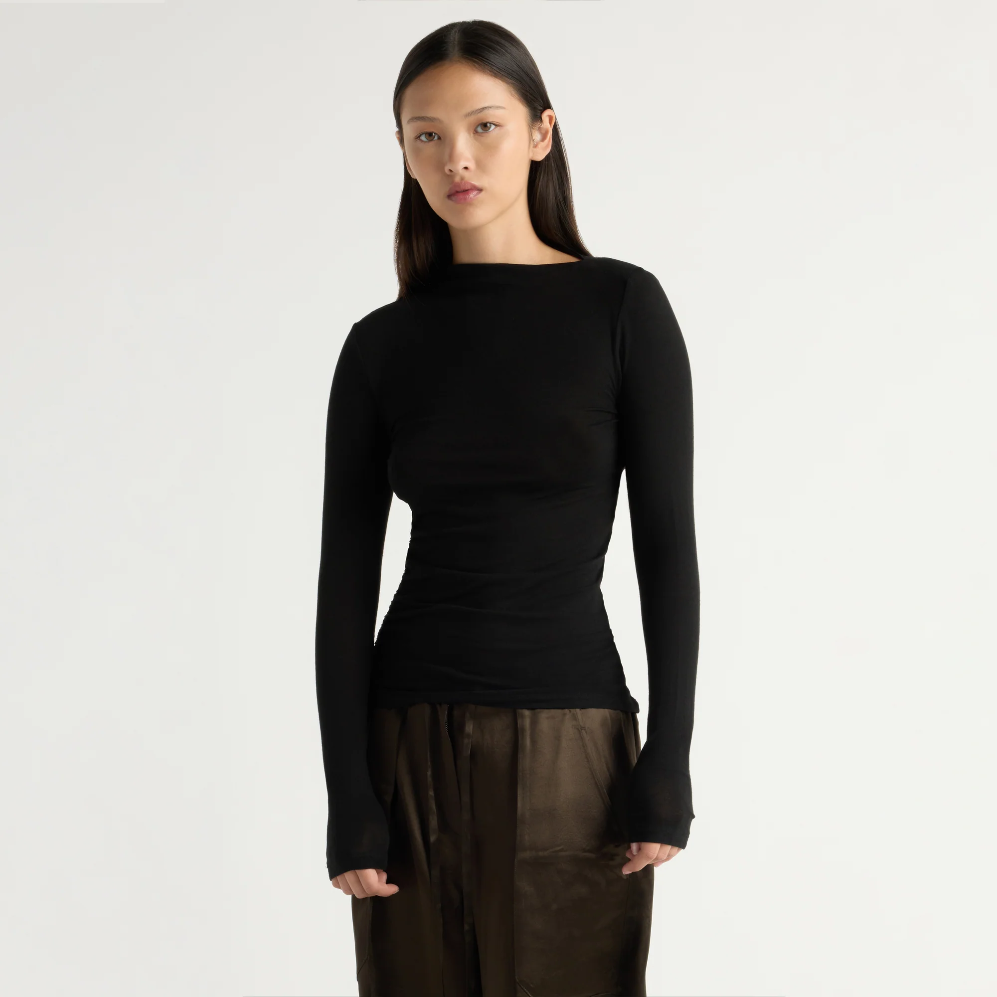 Vittoria Asymmetric-Neck Semi-Sheer Ruched Tee