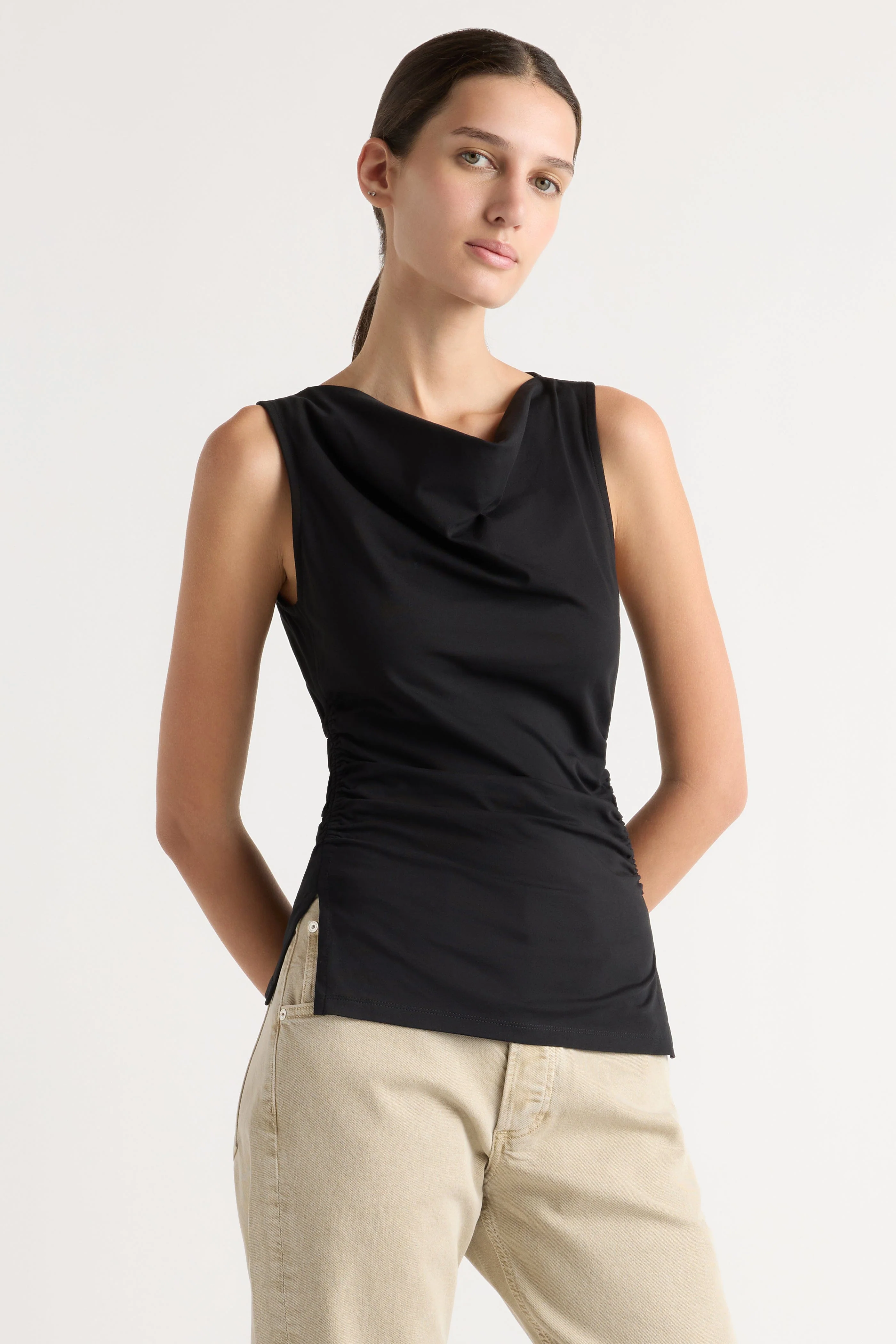 Josie Shirred-Side Cowl-Neck Tee