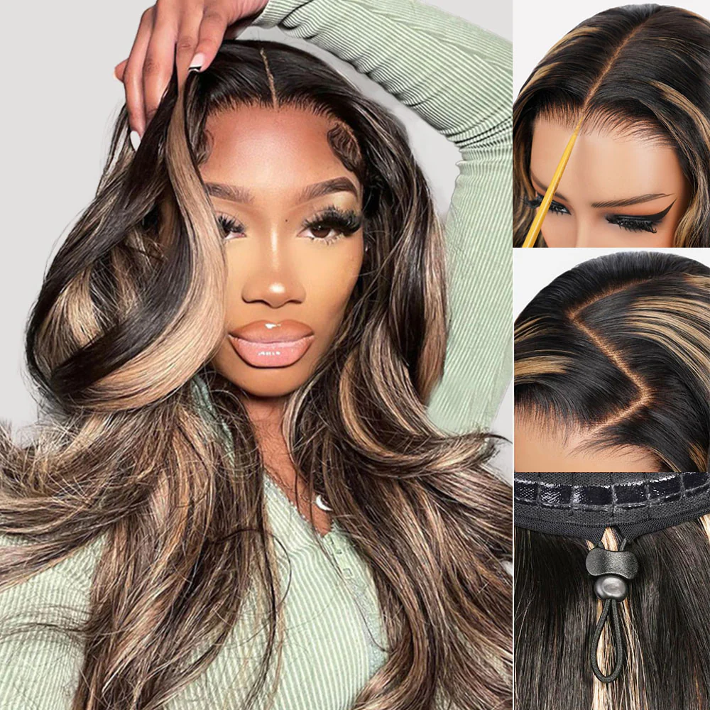 Megalook 13x6 Three-Go™ Balayage Highlight Glueless Wigs Silky Straight With Drawstring 100% Human Hair Wig
