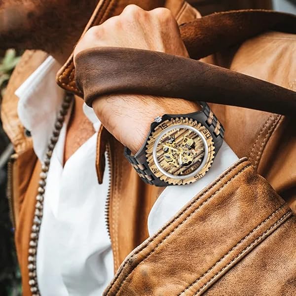 Men's Wooden Watch Triangle Skeleton Automatic Watch Mechanical Wood Watches for Men Brown