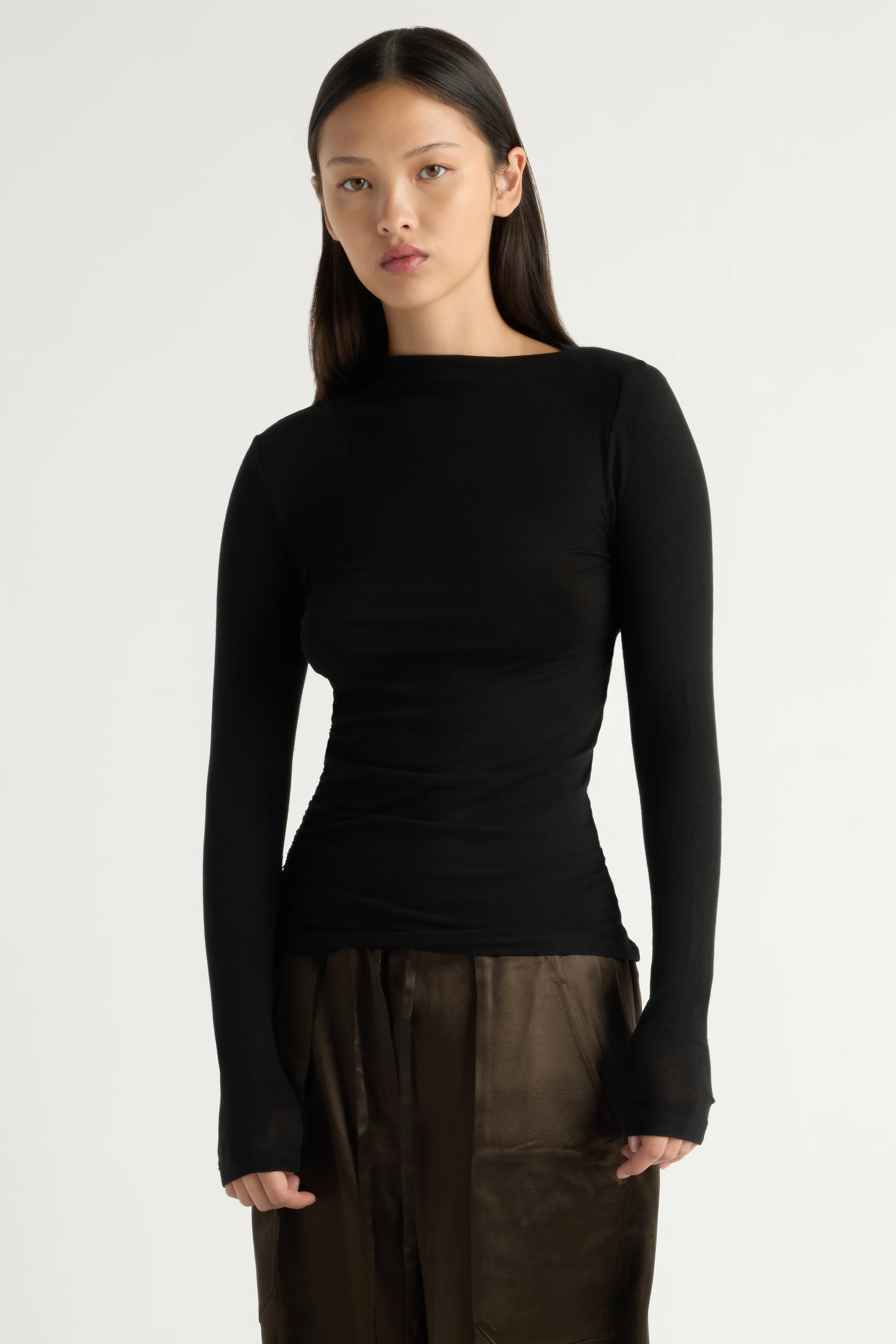 Vittoria Asymmetric-Neck Semi-Sheer Ruched Tee