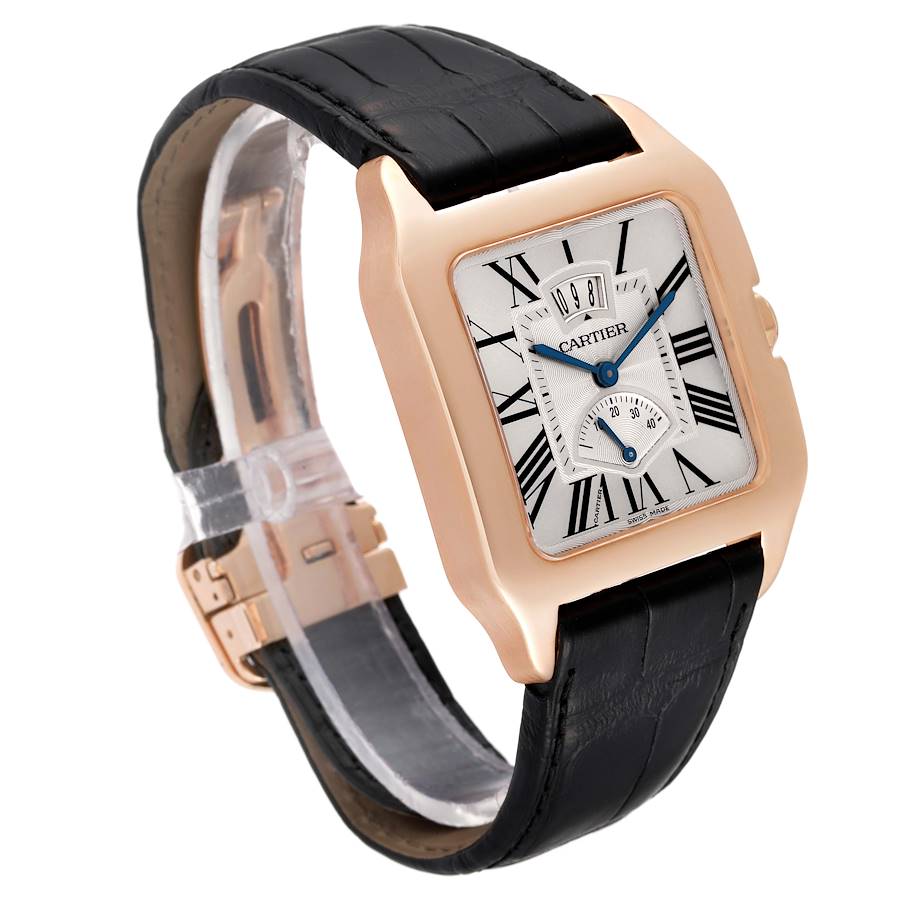 Cartier Santos Dumont Rose Gold Silver Dial Black Strap Mens Watch W2020067