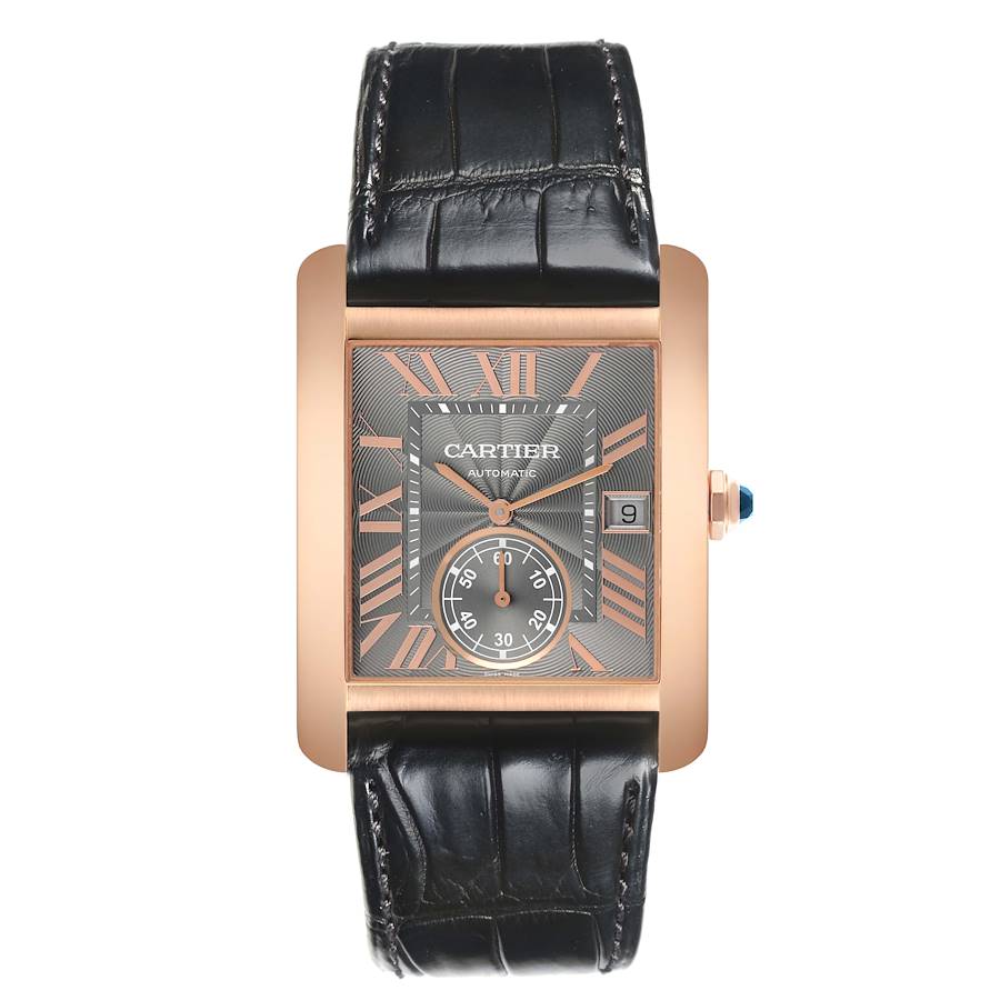 Cartier Tank MC Rose Gold Grey Dial Black Strap Mens Watch WGTA0014