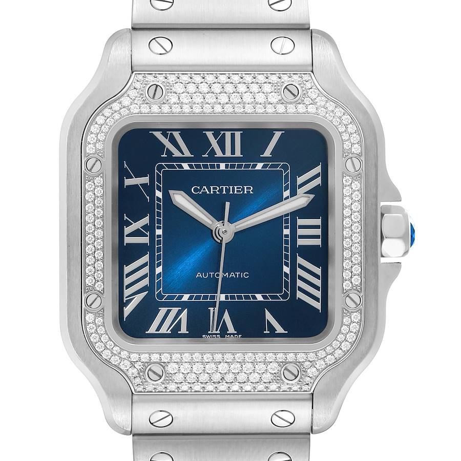 Cartier Santos Blue Dial Diamond Steel Mens Watch W4SA0006