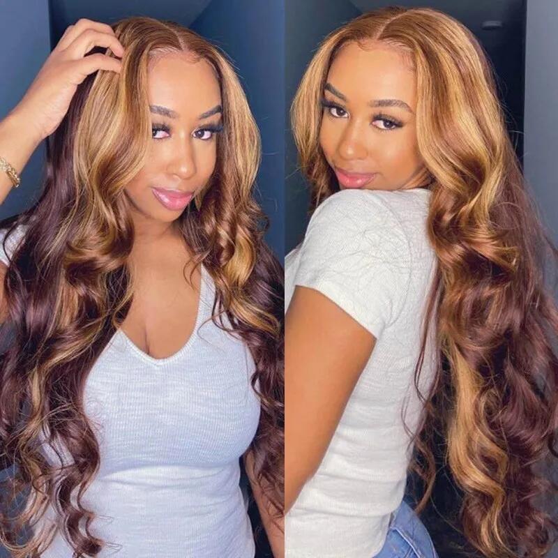 Special offer | 24inch = $169.99 Megalook Fashion Highlight Piano #4/27 Body wave 5x5 Wig Transparent Lace