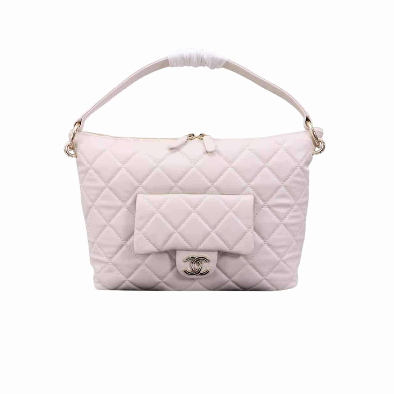 Chanel Maxi Hobo Bag Black Leather And Gold Tone Metal White 28Cm As4339