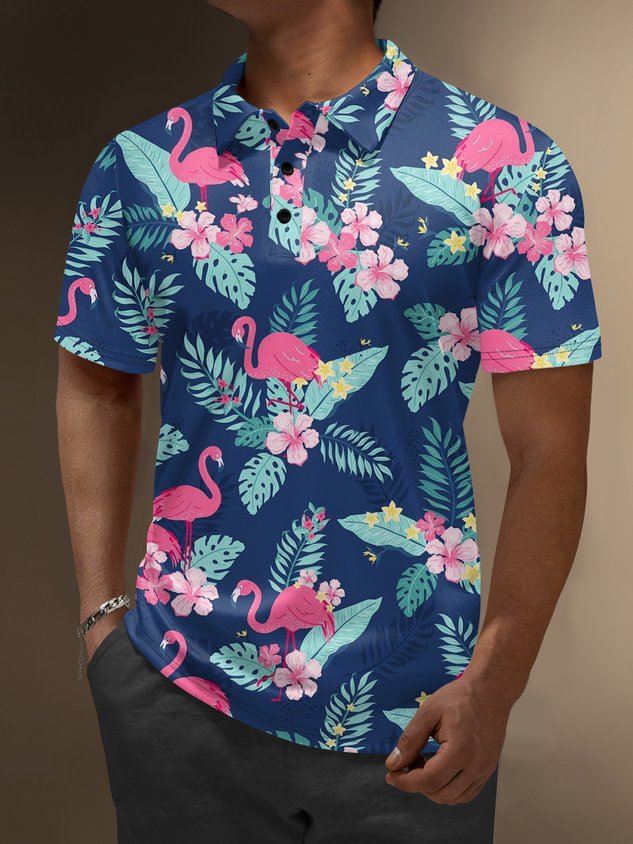 Moisture Wicking Hawaiian Flamingo Flower Golf Polo