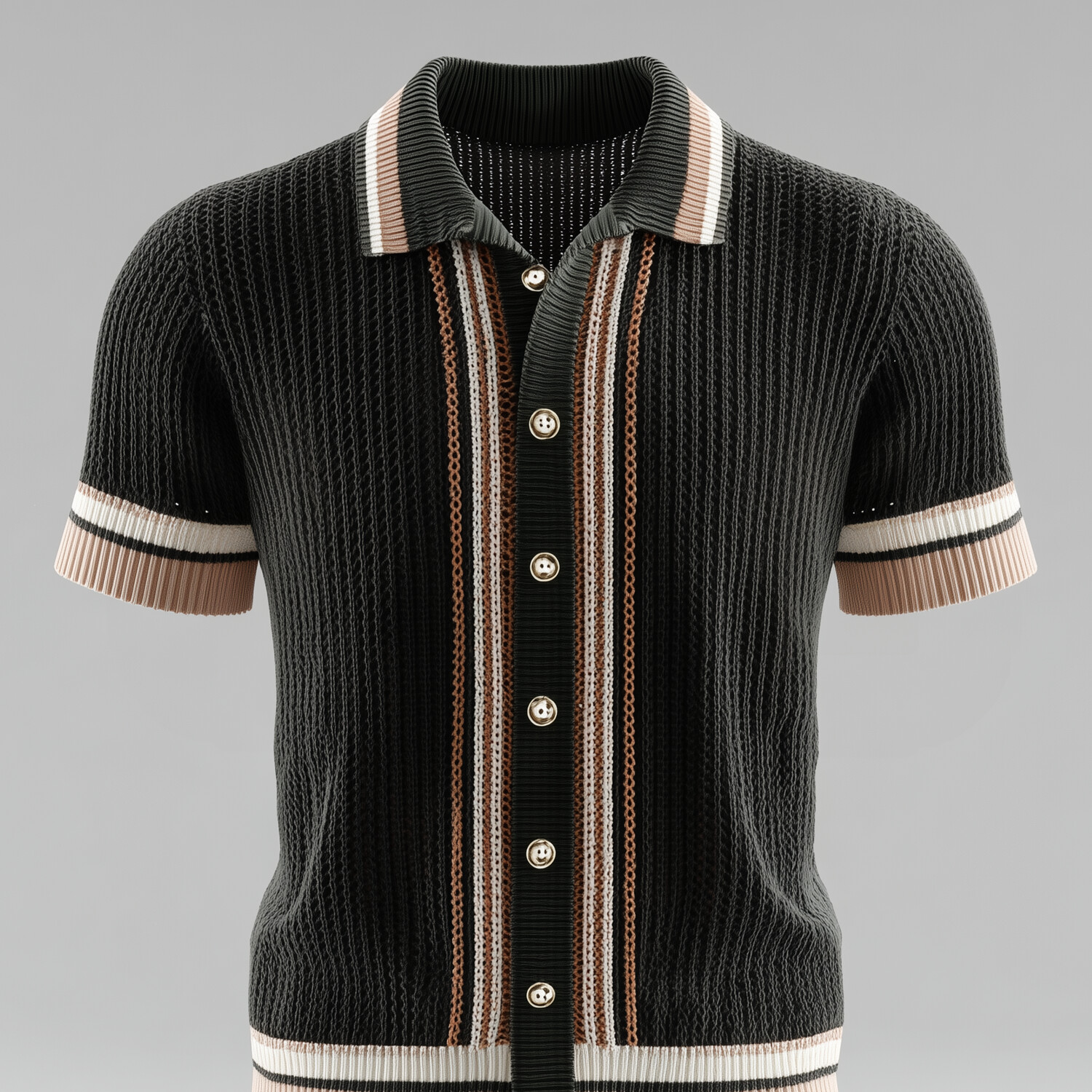Men's Contrast Striped Knit Turndown Collar Short Sleeve Shirt