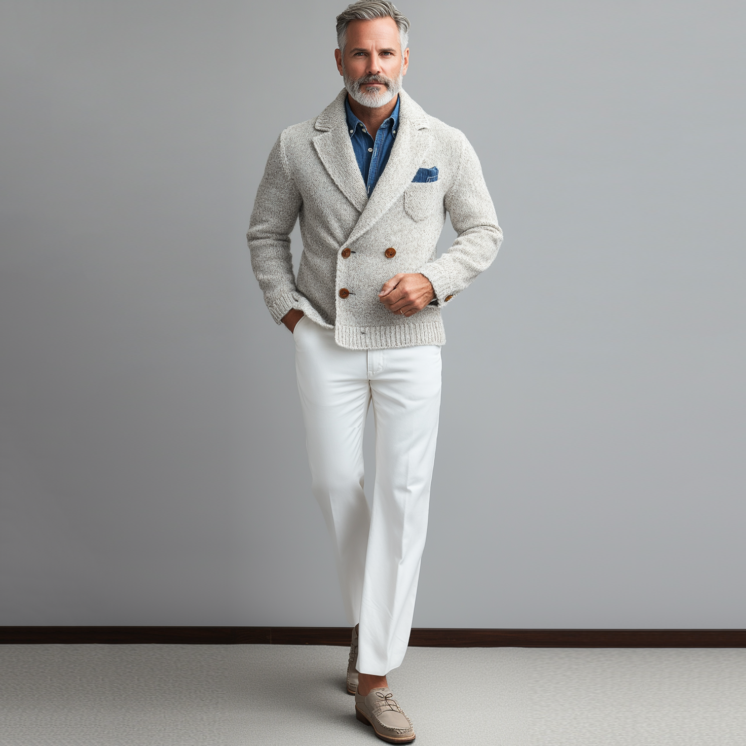 Men's Business Lapel Collar Double Breasted Chest Pocket Knit Jacket