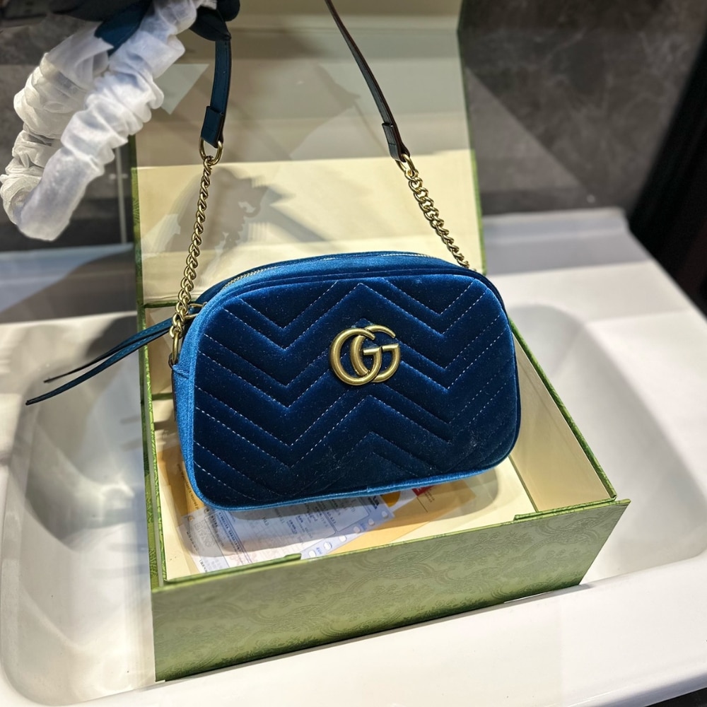 Gucci Small Gg Marmont Camera Bag Velvet Dark Blue 23Cm
