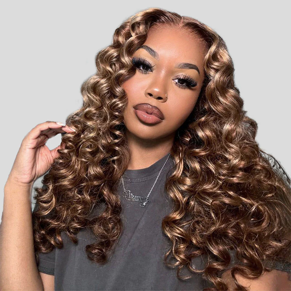 Megalook 13x6 Three-Go™ Highlight Honey Blonde Glueless Wigs Wand Curl With Drawstring 100% Human Hair Wig
