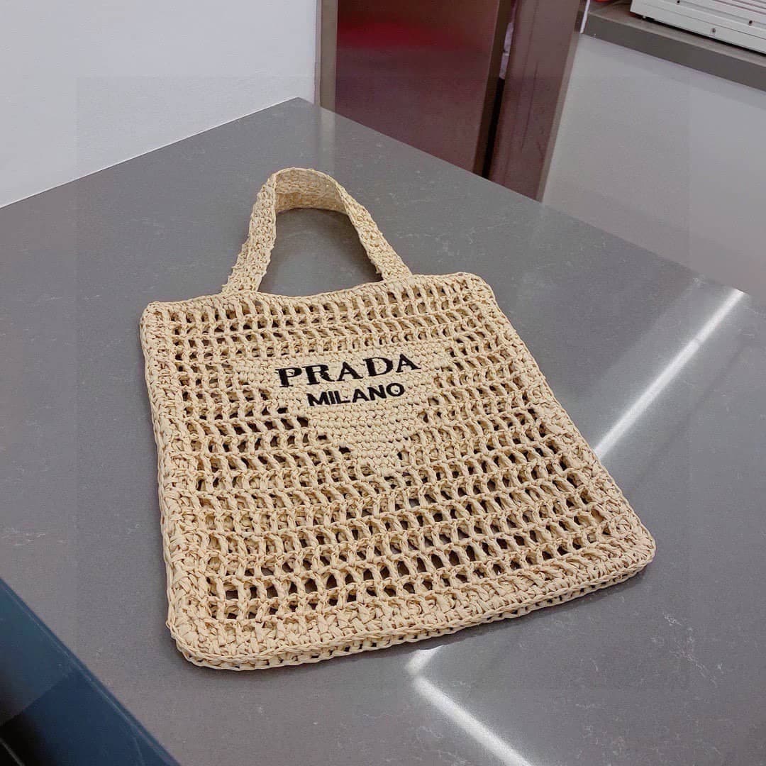 Prada Natural Logo Crochet Tote Bag