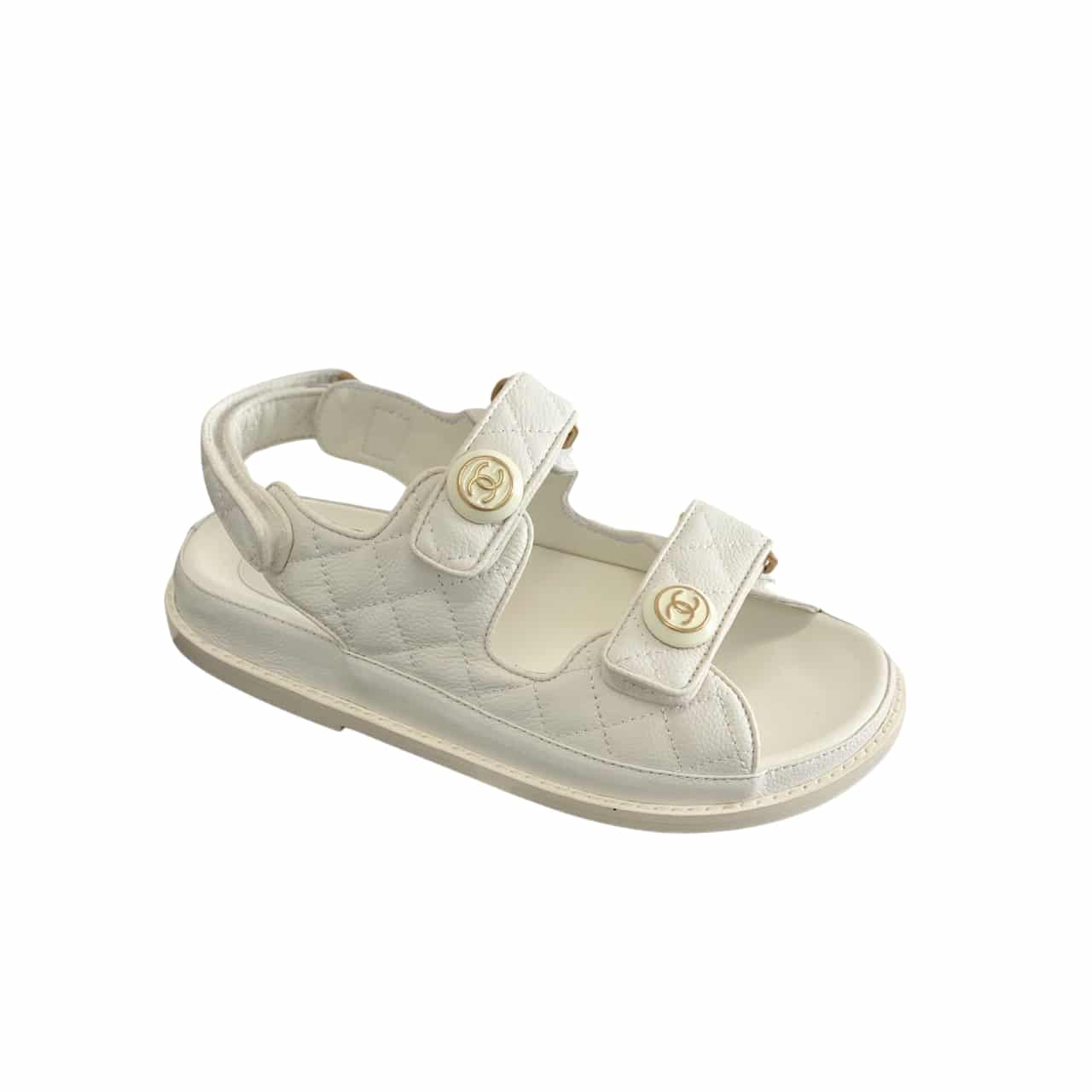 Chanel Cc Button Velcro White Sandals Grained Leather