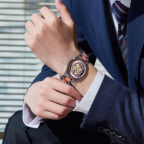 Men's Wooden Watch Triangle Skeleton Automatic Watch Mechanical Wood Watches for Men red&black