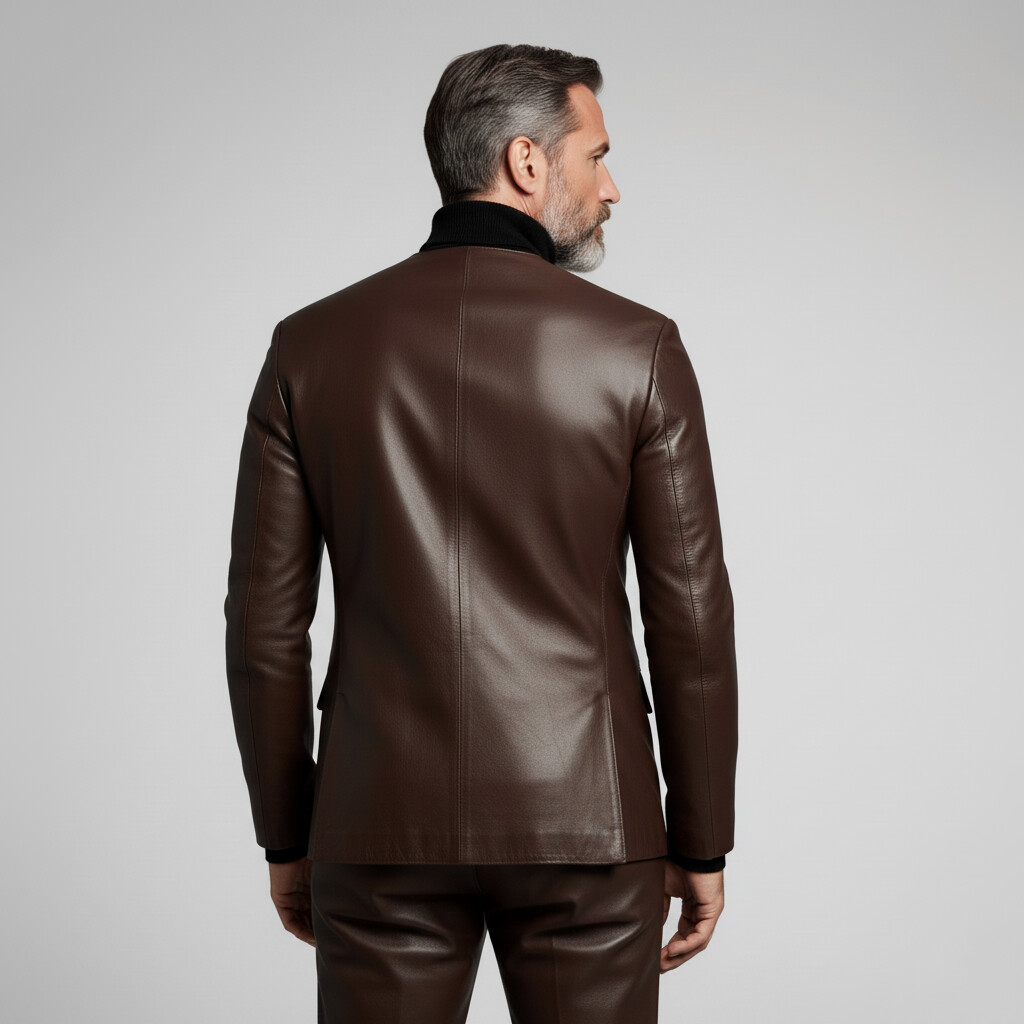 Men's Business Brown Round Neck Long Sleeve Asymmetrical Button PU Leather Jacket