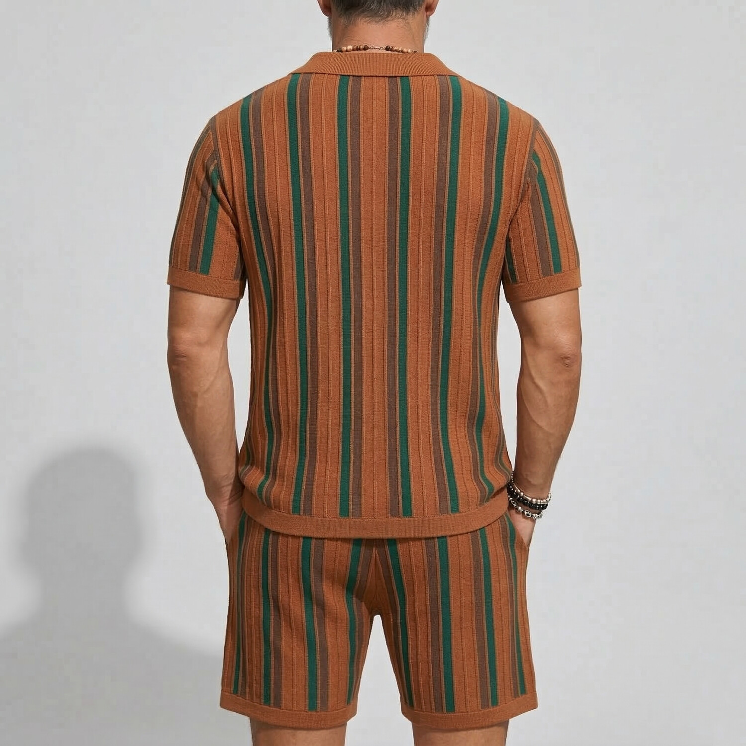 Men's Contrast Striped Turndown Collar Short Sleeve Shirt & Drawstring Shorts 2Pcs Set