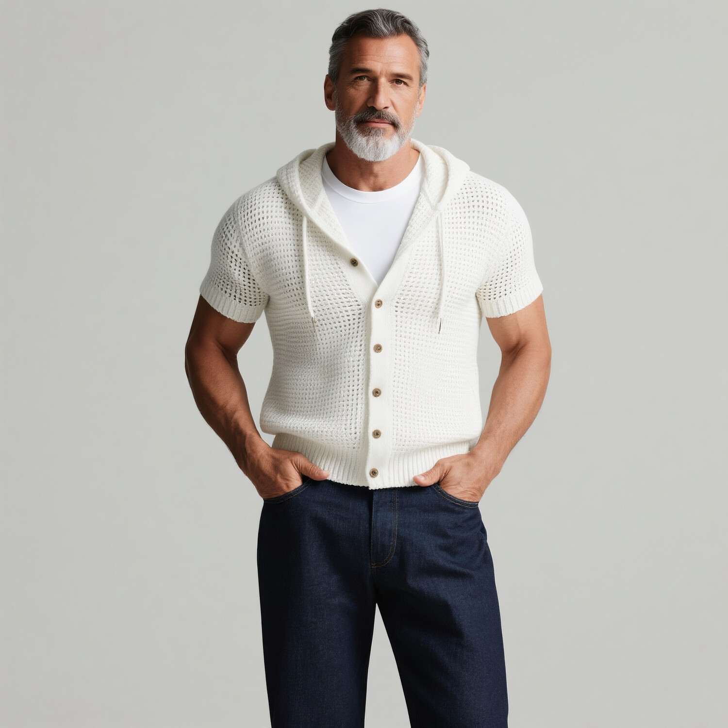 Men's Hollow Mesh Knit Button Front Short Sleeve Hooded Shirt