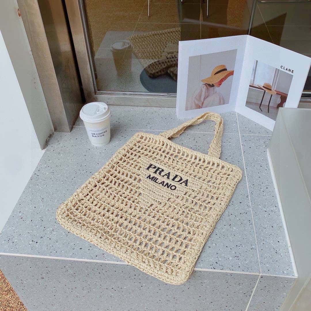 Prada Natural Logo Crochet Tote Bag