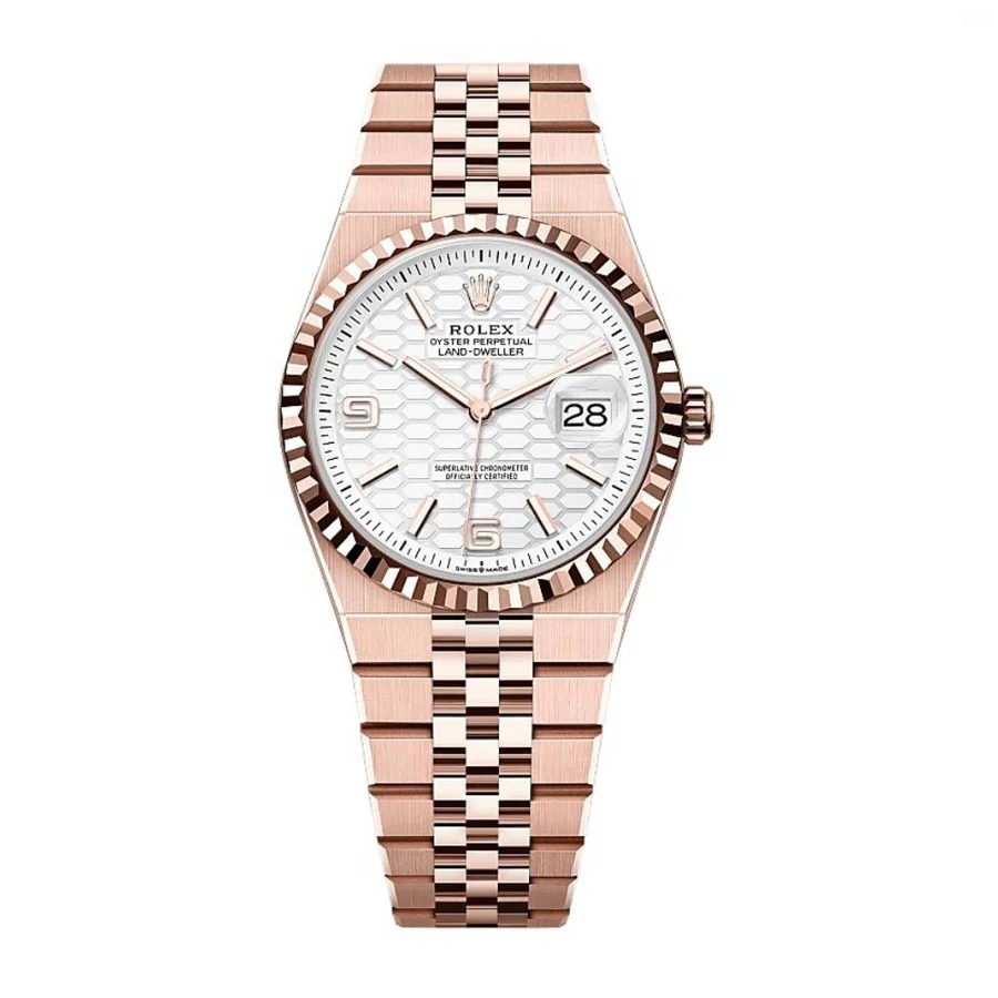 2025 Model Rollie-The Crown Land-Dweller 36mm -127235-0001 - White Dial, 18k Everose Gold Flat Jubilee Bracelet Watch