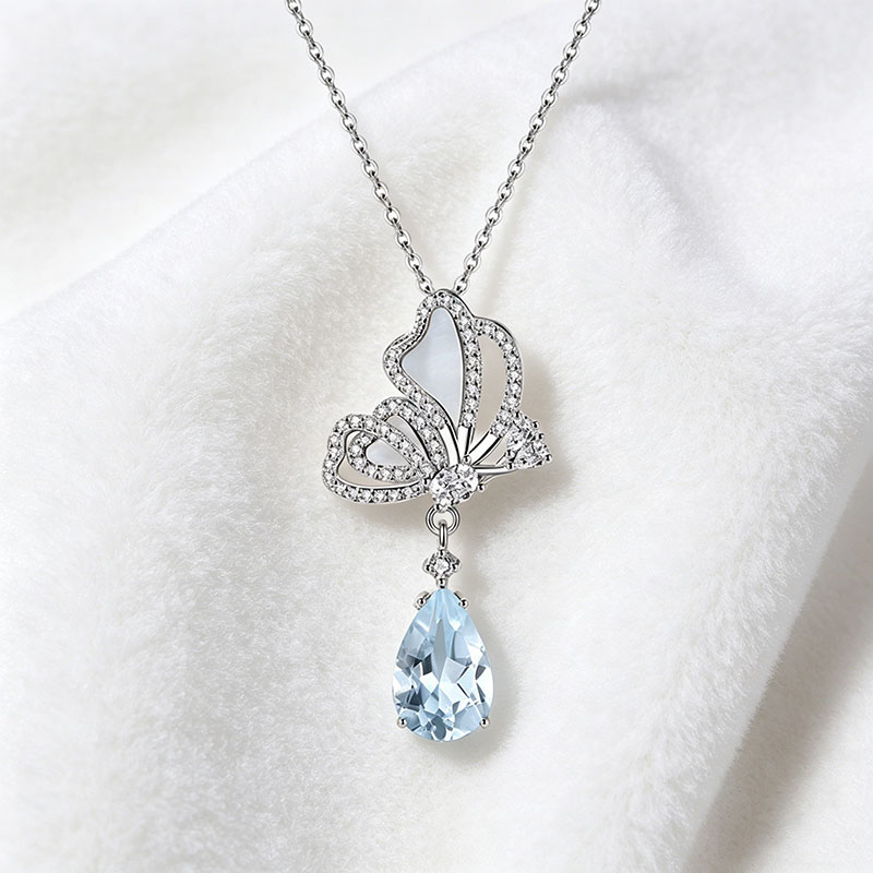 GemVibra Butterfly Pendant Necklace in 925 Silver with Gemstone Drop