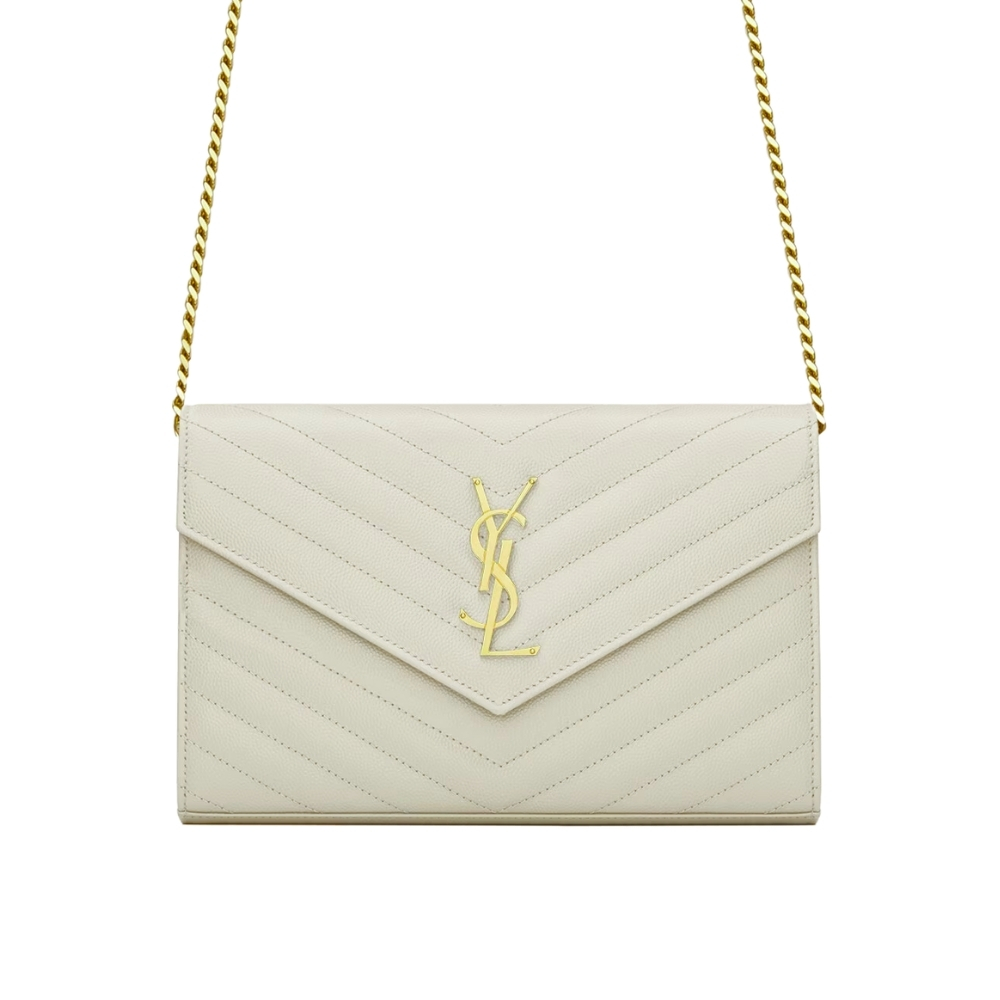 Saint Laurent Classic Cassandre Chain Wallet In Grain De Poudre Leather White 24Cm 377828BOW019207