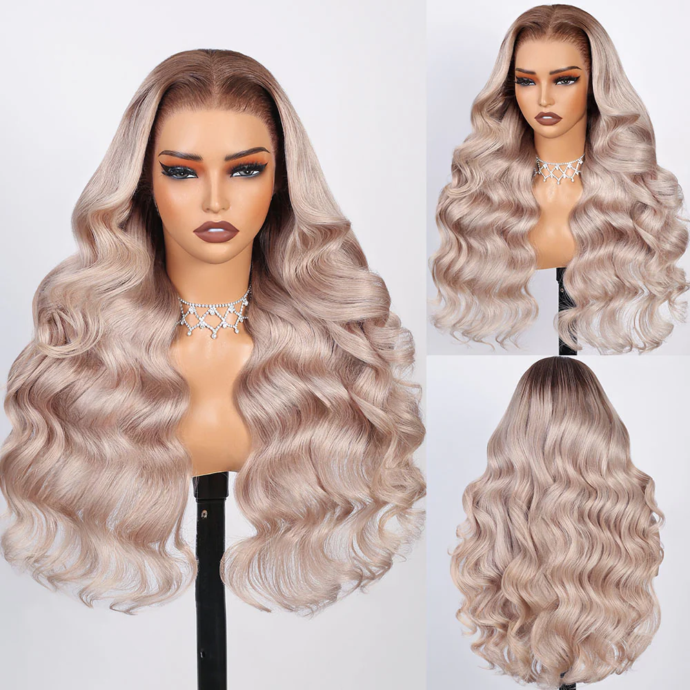 Megalook 6x5 Invisible Knots & 13x4 Lace Frontal Ash Blonde Ombre Loose Body Wave Wigs Natural Hairline
