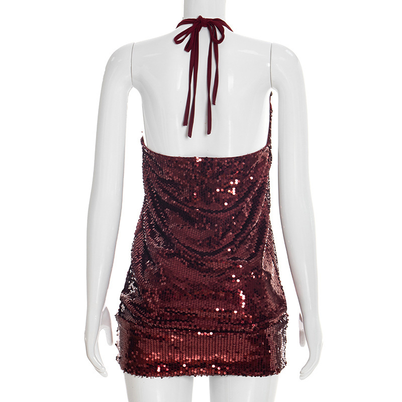 Women Spring Sexy V-Neck Sequined Hardware Buckle Neck Dress
