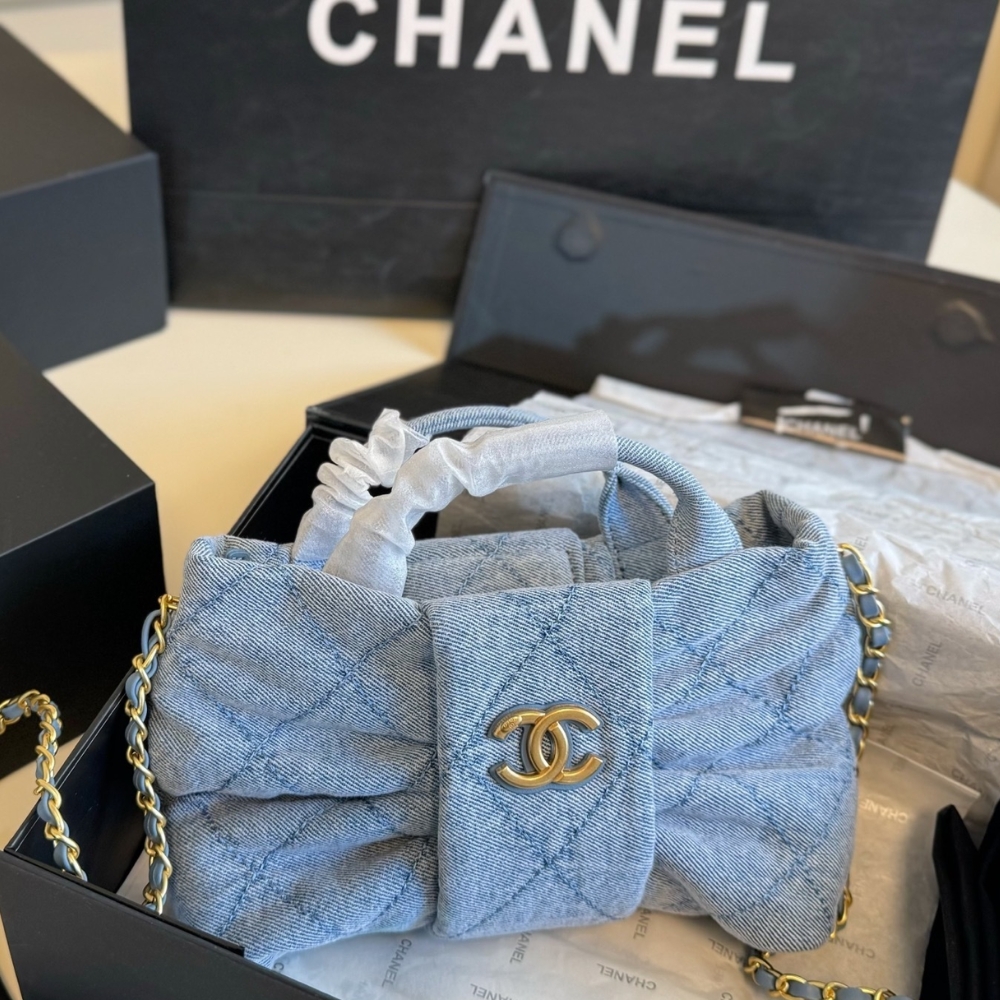 Chanel Mini Bow Bag Washed Denim And Gold Tone Metal Blue 21Cm