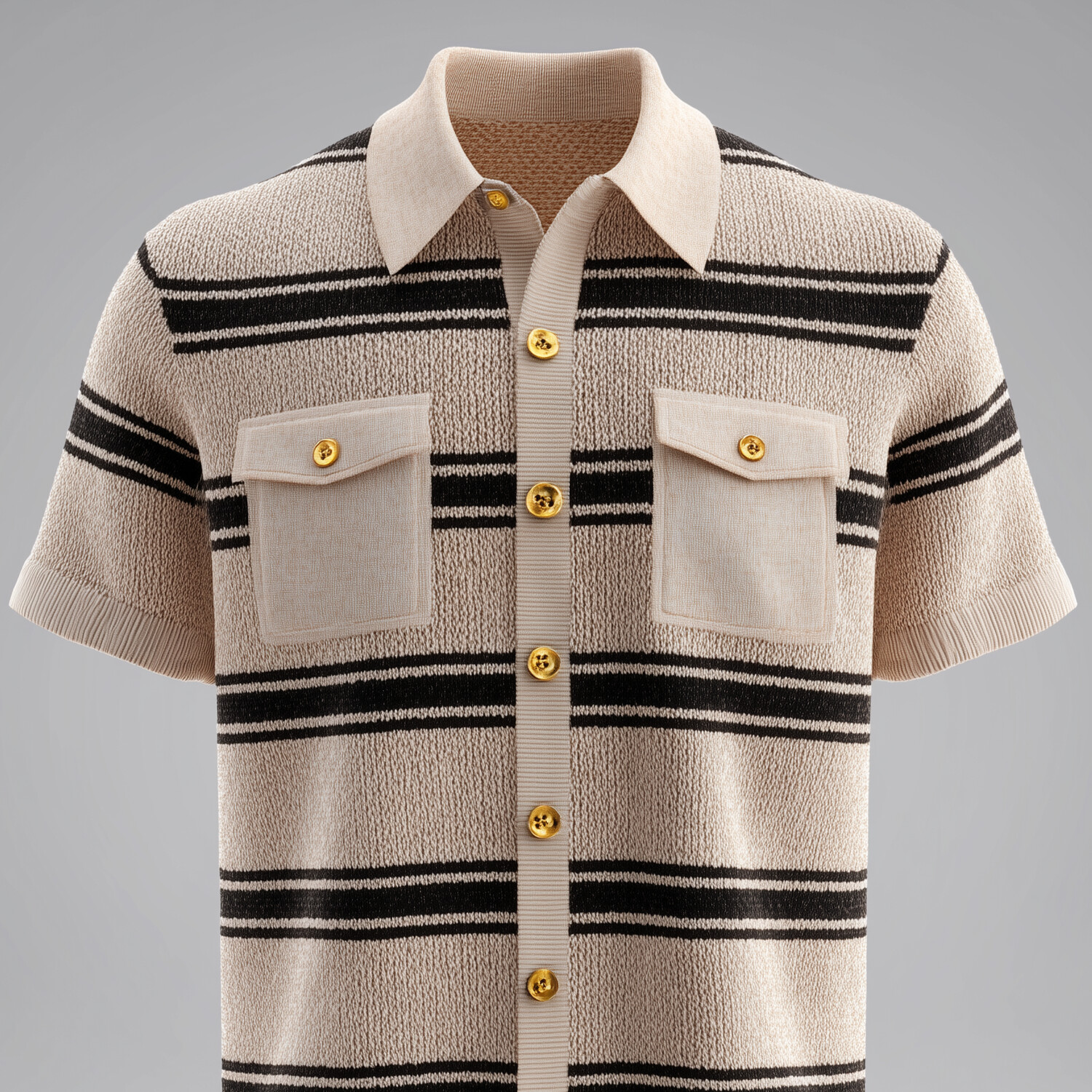 Men's Black Striped Knit Gold Buttons Flap Pocket Short Sleeve Shirt