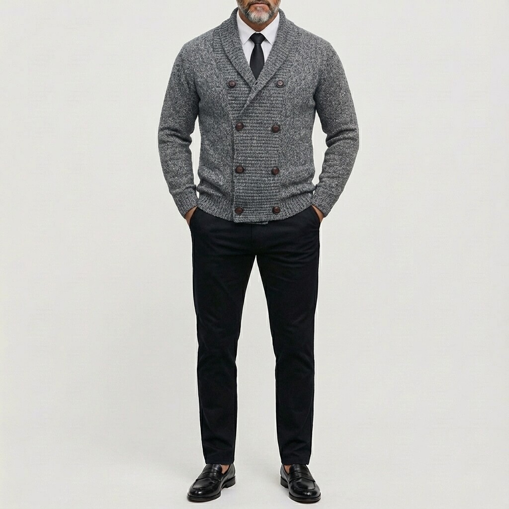 Men's Casual Solid V Neck Double Breasted Long Sleeve Striped Pattern Knit Cardigans