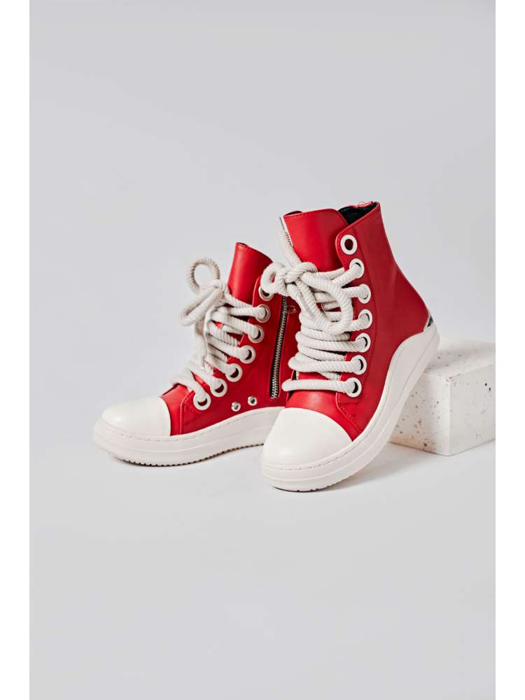 PU Patchwork Lace Up Zipper High Top Shoes